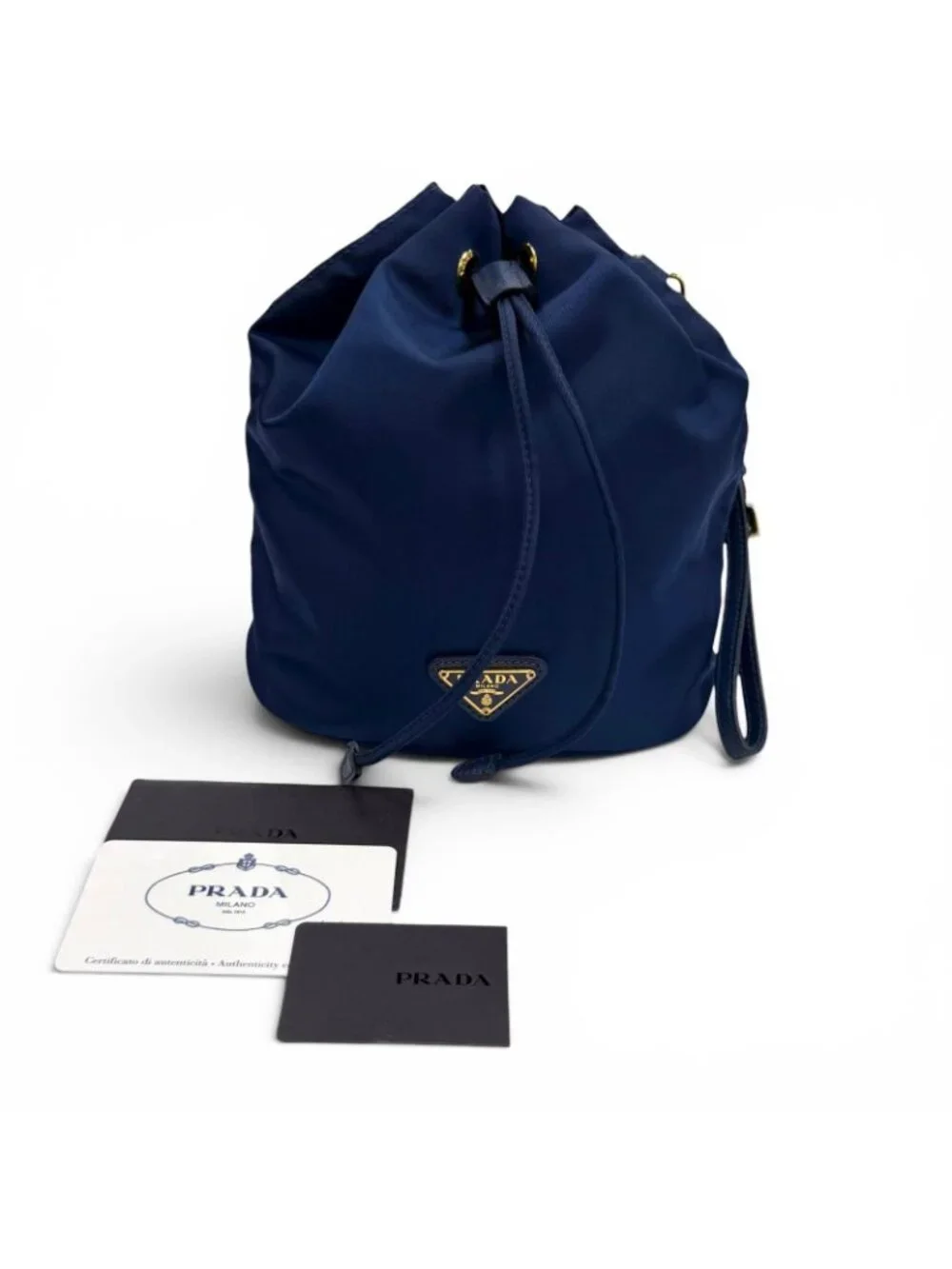 Prada Royal Leather Triangle Logo Tessuto Drawstring Pouch Gold